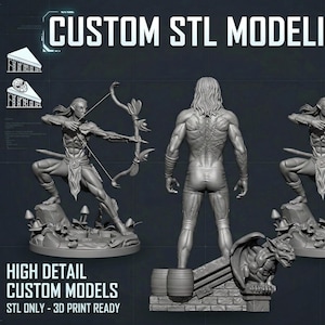 May include: A digitally rendered image showcasing custom STL modelling. The image features three detailed 3D models of an archer, along with the text "CUSTOM STL MODELING" and "HIGH DETAIL CUSTOM MODELS STL ONLY - 3D PRINT READY".