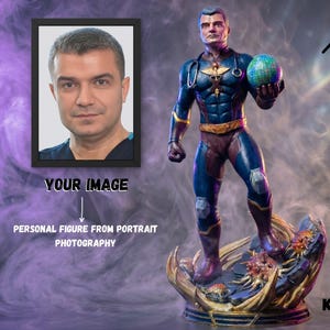 May include: A superhero figurine, approximately 12 inches tall, in a blue and maroon suit, holding a globe. The base is ornate with a floral design. The image includes a framed portrait and the text "YOUR IMAGE" and "PERSONAL FIGURE FROM PORTRAIT PHOTOGRAPHY."