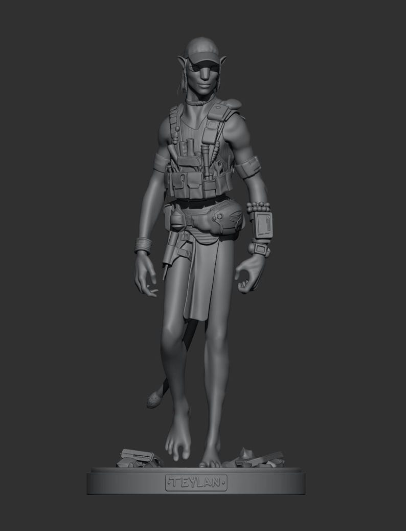 Statua di guerriero alieno blu esotico, figura tribale fantascientifica dipinta a mano, oggetto da collezione in resina stampato in 3D personalizzato (20 cm), statuetta cacciatore di galassie immagine 3