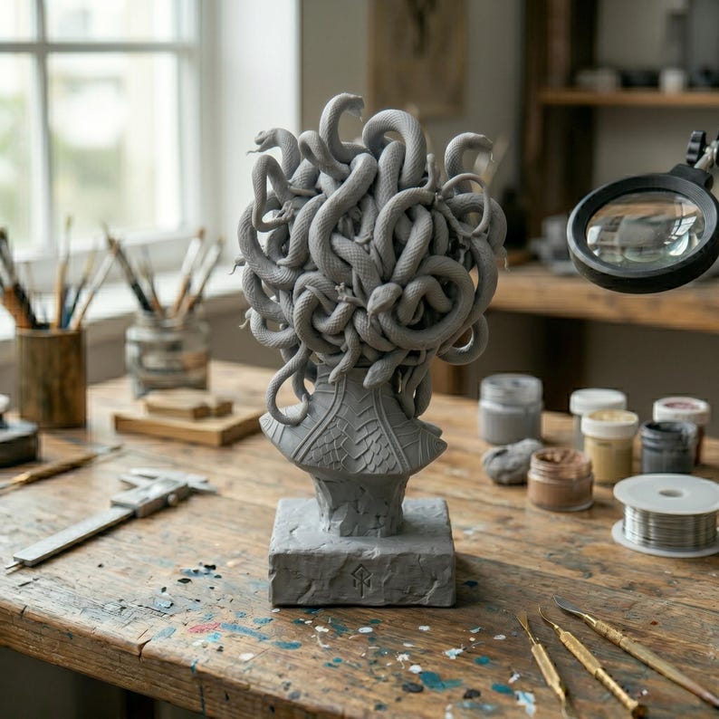 Puede incluir: Una escultura gris de una cabeza con numerosas serpientes formando el cabello, sobre una base cuadrada con un peque&ntilde;o s&iacute;mbolo grabado en el frente. El busto presenta escamas detalladas en la zona del cuello y se sit&uacute;a sobre un banco de trabajo.