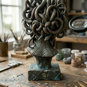 Puede incluir: Una escultura de busto en tonos bronce que presenta una cabeza cubierta por una densa masa de serpientes entrelazadas. La figura tiene un cuello texturizado similar a escamas y descansa sobre una base cuadrada con un s&iacute;mbolo grabado.