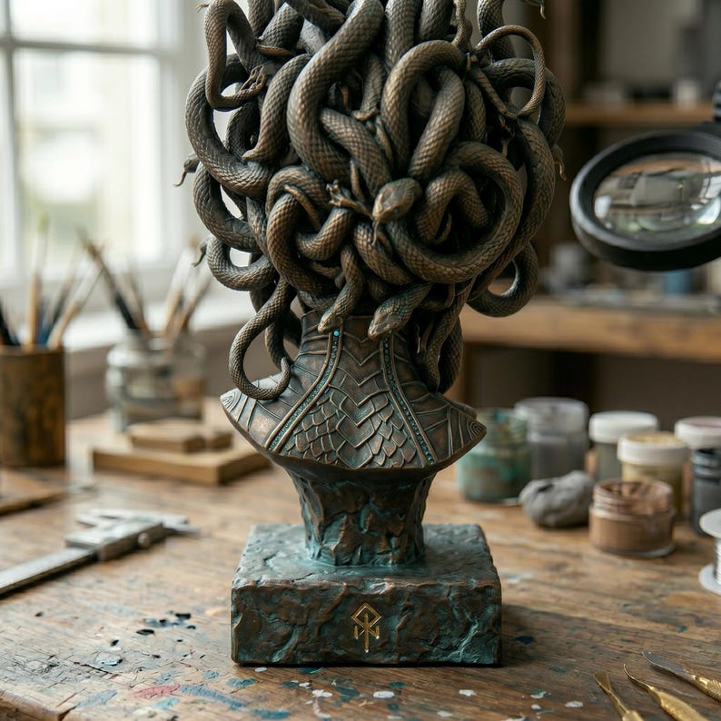 Puede incluir: Una escultura de busto en tonos bronce que presenta una cabeza cubierta por una densa masa de serpientes entrelazadas. La figura tiene un cuello texturizado similar a escamas y descansa sobre una base cuadrada con un s&iacute;mbolo grabado.