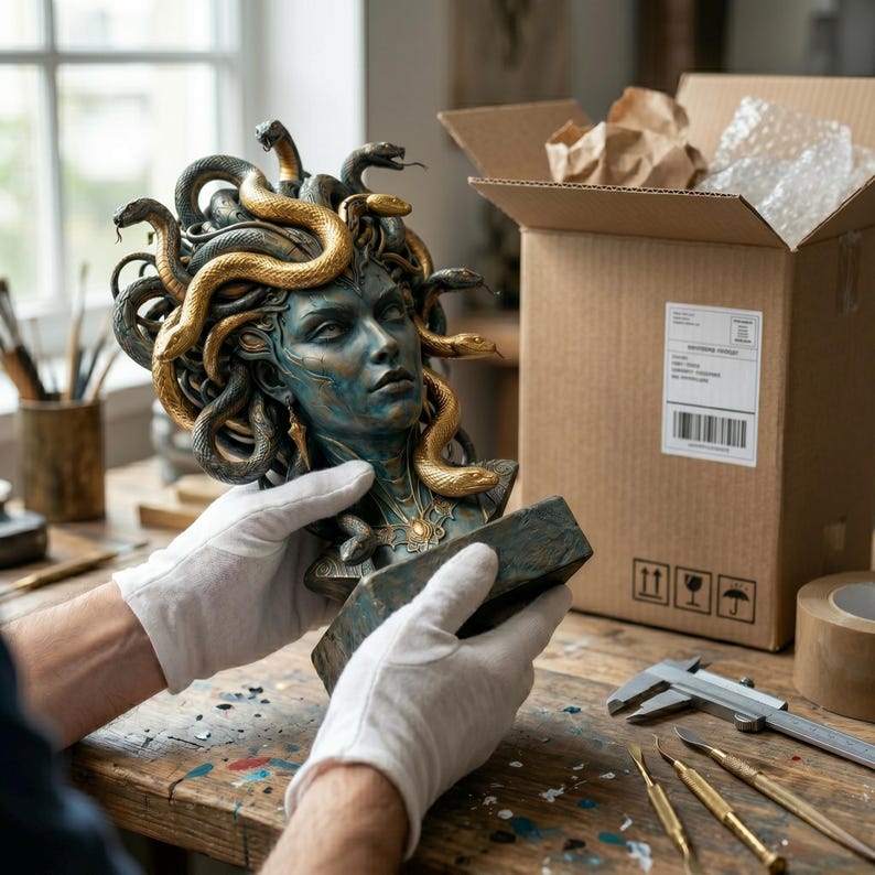 Puede incluir: Un busto detallado de una figura con cabeza de serpientes, con un acabado en bronce y verde azulado oscuro. La escultura presenta serpientes doradas entrelazadas en el cabello, una expresi&oacute;n facial seria y una base rectangular.
