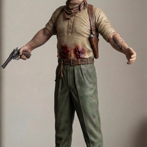 May include: A detailed figurine of a standing figure wearing a tan short-sleeved shirt, a brown neckerchief, and olive green trousers. The figure has two red wounds on the abdomen, a brown leather holster, brown boots, and holds a small black revolver.
