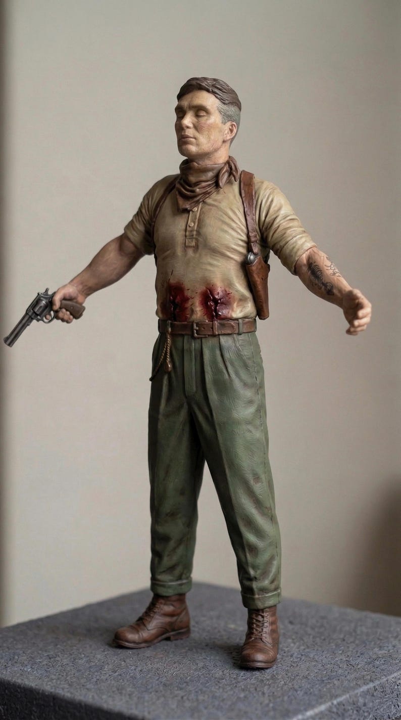 May include: A detailed figurine of a standing figure wearing a tan short-sleeved shirt, a brown neckerchief, and olive green trousers. The figure has two red wounds on the abdomen, a brown leather holster, brown boots, and holds a small black revolver.