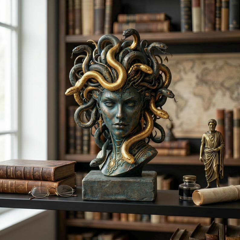 Puede incluir: Un busto de Medusa con un rostro de color verde azulado oscuro y serpientes doradas entrelazadas como cabello. La figura descansa sobre una base rectangular de aspecto p&eacute;treo, mostrando rasgos faciales detallados y adornos ornamentados en el cuello.