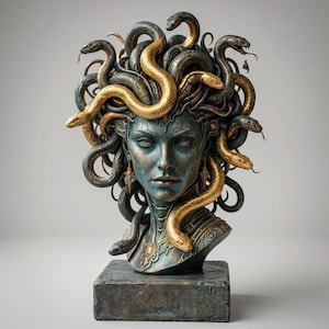 Op de afbeelding: Een borstbeeld van een figuur met een blauwachtig gezicht en een complexe haardracht van metallic gouden en donkergrijze slangen. De figuur draagt gedetailleerde gouden oorbellen en een kraag, geplaatst op een rechthoekige, stenen voet.