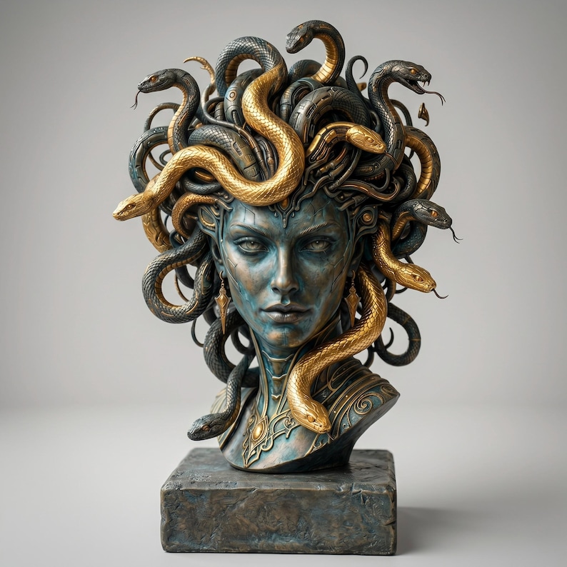 Puede incluir: Un busto escult&oacute;rico de una figura con rostro azulado y una compleja cabellera formada por serpientes doradas y gris oscuro. La figura luce pendientes dorados y un collar detallado, todo sobre una base rectangular de aspecto p&eacute;treo.