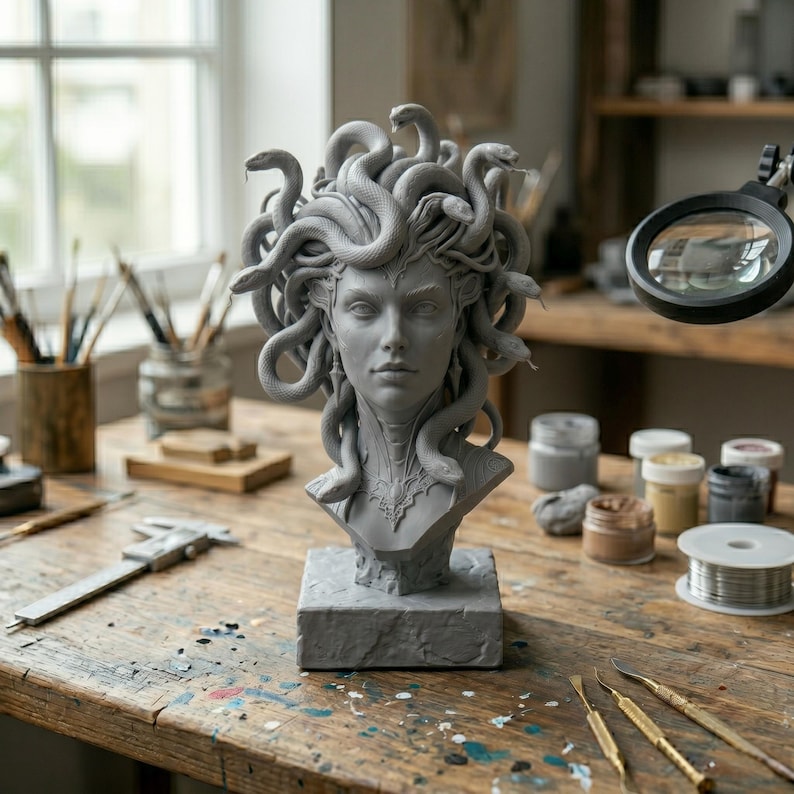 Puede incluir: Un busto escult&oacute;rico gris de una figura con serpientes por cabello, montado sobre una base rectangular. La escultura presenta rasgos faciales detallados y texturas de serpiente intrincadas, situada sobre un banco de trabajo de madera.