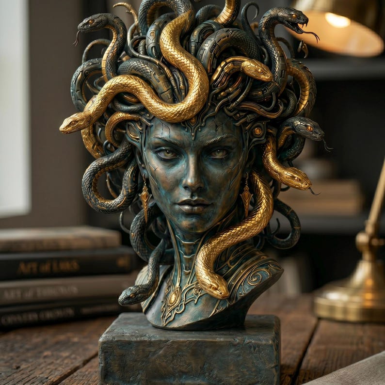 Puede incluir: Un busto escult&oacute;rico de una figura con un acabado desgastado en color verde azulado oscuro, que presenta una cabeza de serpientes entrelazadas. Varias serpientes est&aacute;n resaltadas en un acabado dorado met&aacute;lico, contrastando con la base oscura.