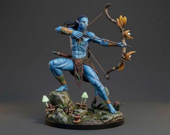 Exotic Blue Warrior with Bow Statue, Master Painted Sci-Fi Alien Figure, 3D Printed Resin Diorama, Gift for Movie Fans