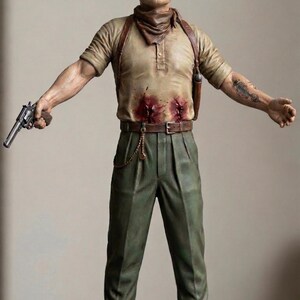 May include: A detailed figurine of a standing figure with short brown hair, wearing a beige short-sleeved shirt with two red blood-like marks on the torso, a brown neckerchief, green trousers, a brown belt with a chain, and brown boots, holding a revolver.