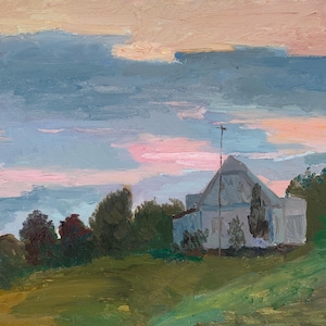 May include: An oil painting depicting a rural scene at dusk. The sky features pink, blue, and peach tones, with a white building and trees in the foreground. The painting is rendered in a textured, impressionistic style.