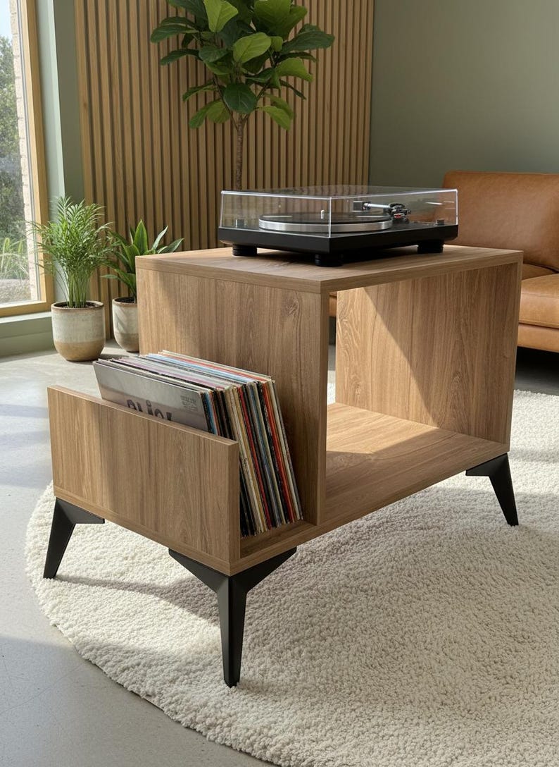 Small-space wooden vinyl stand pairing a turntable surface with compact LP storage in a minimalist form.