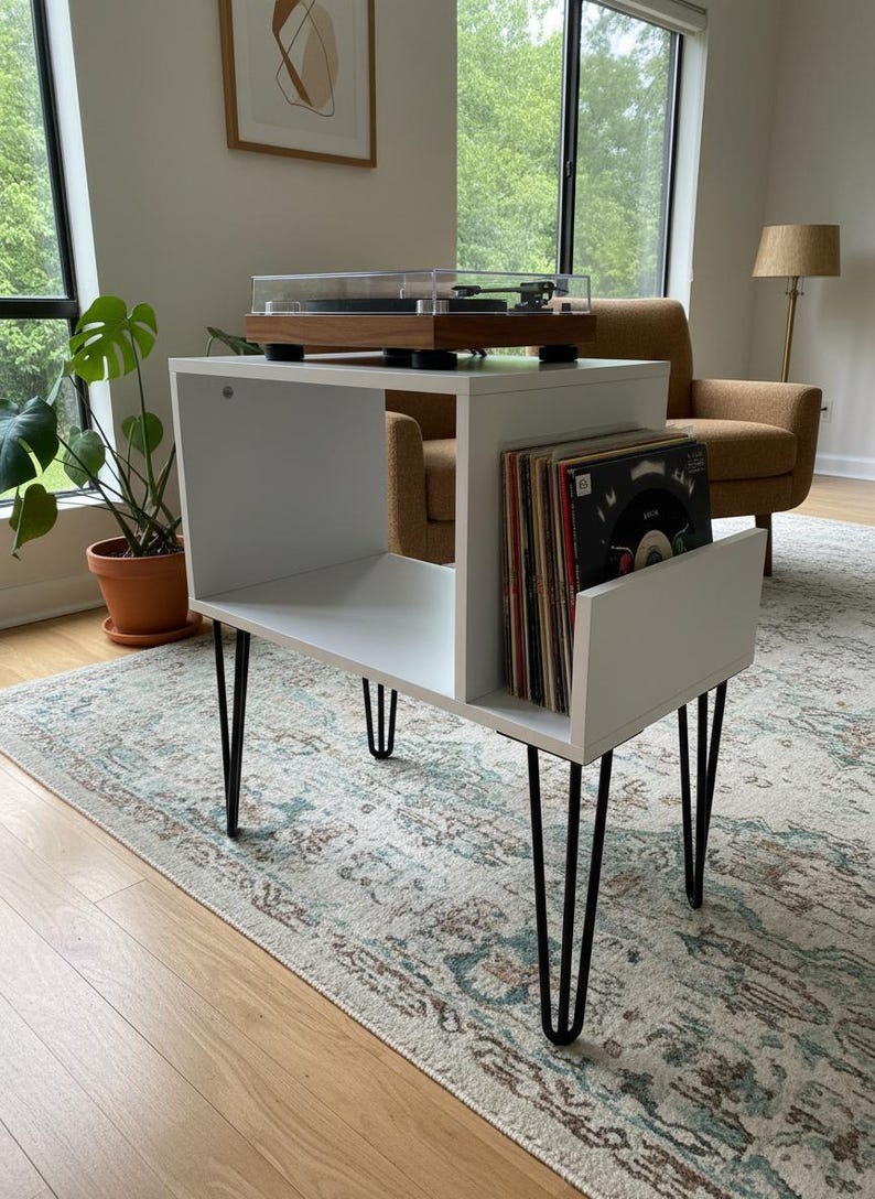 Small-space wooden vinyl stand pairing a turntable surface with compact LP storage in a minimalist form.