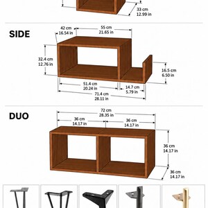 May include: A set of brown wooden shelving units labeled Mono, Side, and Duo with dimensions in cm and inches. Below are five leg styles: AA long hairpin 15.75 in, BB short hairpin 6.69 in, CC corner 5.51 in, DD tapered black 9.06 in, and EE tapered golden 9.06 in.