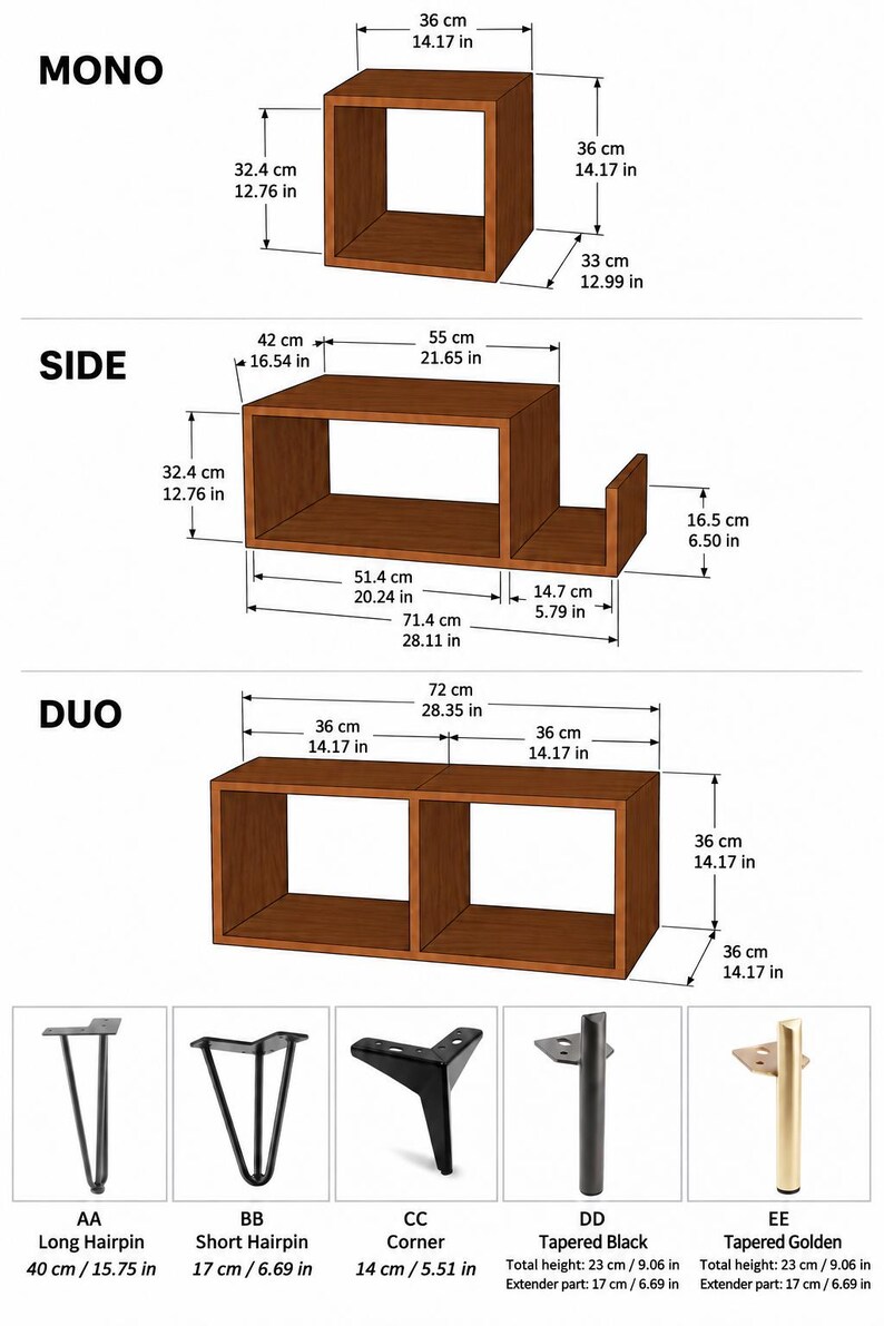 May include: A set of brown wooden shelving units labeled Mono, Side, and Duo with dimensions in cm and inches. Below are five leg styles: AA long hairpin 15.75 in, BB short hairpin 6.69 in, CC corner 5.51 in, DD tapered black 9.06 in, and EE tapered golden 9.06 in.