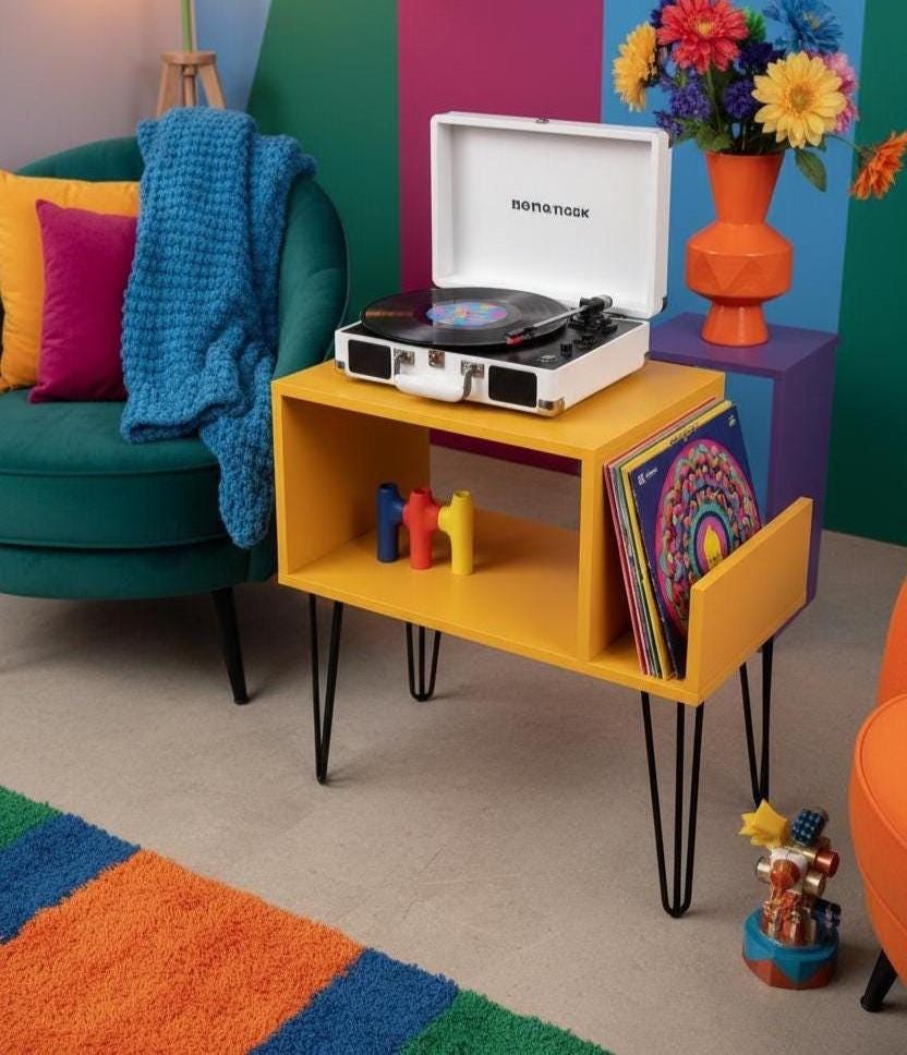 Supporto per giradischi colorato con contenitore per vinili, mobile moderno per giradischi, mobili decorativi Dopamine, contenitore per vinili