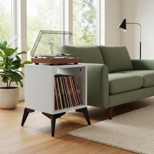 Small-space wooden vinyl stand pairing a turntable surface with compact LP storage in a minimalist form.