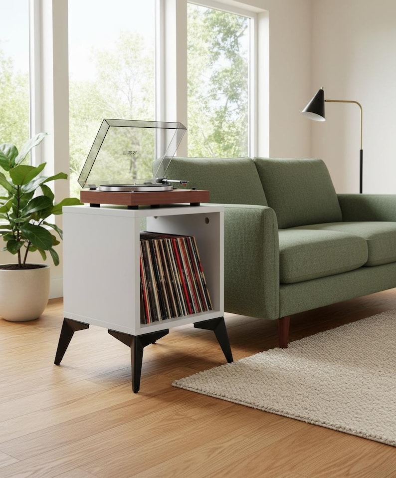 Small-space wooden vinyl stand pairing a turntable surface with compact LP storage in a minimalist form.