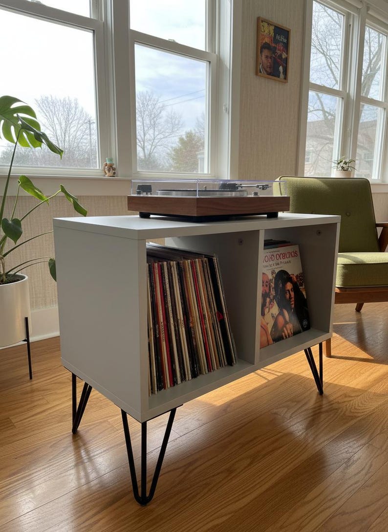 Small-space wooden vinyl stand pairing a turntable surface with compact LP storage in a minimalist form.