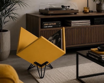 Kleurrijke vinylplatenkast, LP-organizer, draaitafelstandaard, moderne vinylplank, platenkast in mid-century stijl, metalen poten