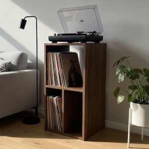 Peut inclure: Un meuble de rangement en bois brun foncé avec une platine vinyle sur le dessus. L'unité est remplie de disques vinyles. Une lampe noire et une plante en pot sont en arrière-plan. La platine a un couvercle anti-poussière transparent.