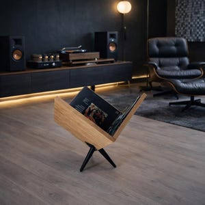 Handmade Solid Wood Vinyl Record Storage • Modern LP Holder with Metal Legs