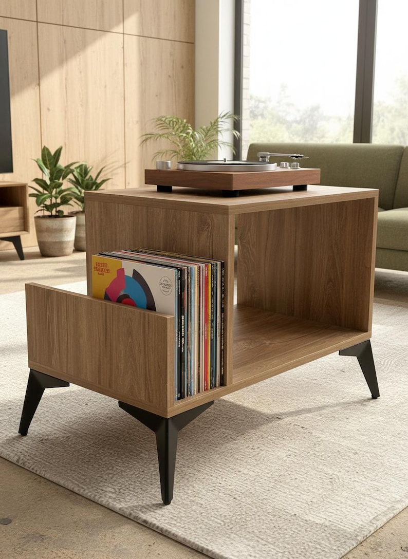 Small-space wooden vinyl stand pairing a turntable surface with compact LP storage in a minimalist form.