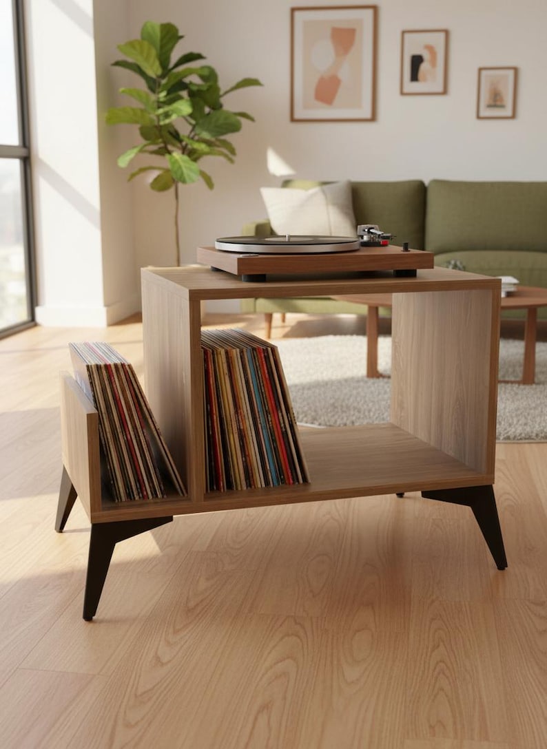Small-space wooden vinyl stand pairing a turntable surface with compact LP storage in a minimalist form.