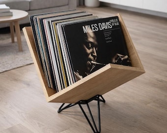 Porta dischi in vinile in legno massello fatto a mano • Porta LP moderno con gambe a forcina