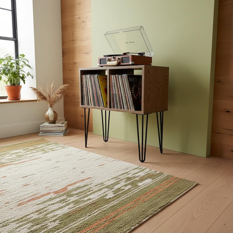 Small-space wooden vinyl stand pairing a turntable surface with compact LP storage in a minimalist form.