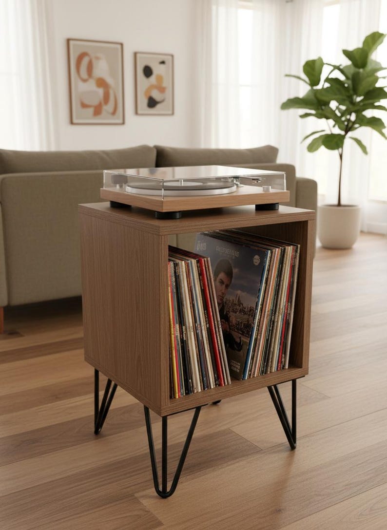 Small-space wooden vinyl stand pairing a turntable surface with compact LP storage in a minimalist form.