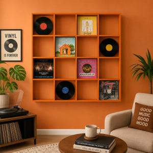 Väggmonterad vinylskivhylla | Förvaringsdisplay för LP-skivor | Modulär kubhylla | Modern musikrumsorganisatör