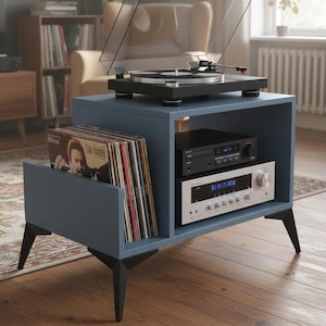 Moderne platenspelerstandaard met vinylopslag, blauwe draaitafel, stijl uit het midden van de eeuw, haarspeldpoten, minimalistische vinylkast