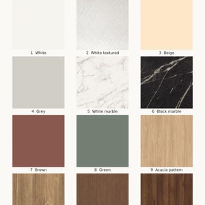 May include: A grid of twelve color and texture swatches labeled COLOR VARIATIONS. Options include white, white textured, beige, grey, white marble, black marble, brown, green, acacia, light oak, dark oak, and walnut wood patterns.