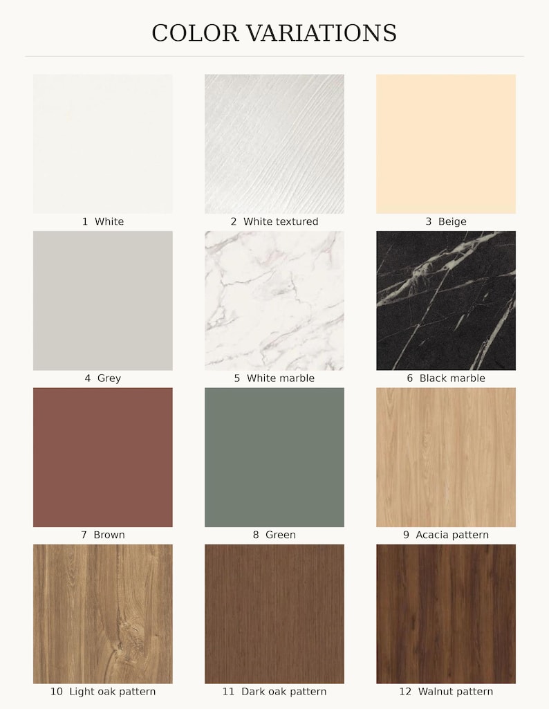 May include: A grid of twelve color and texture swatches labeled COLOR VARIATIONS. Options include white, white textured, beige, grey, white marble, black marble, brown, green, acacia, light oak, dark oak, and walnut wood patterns.