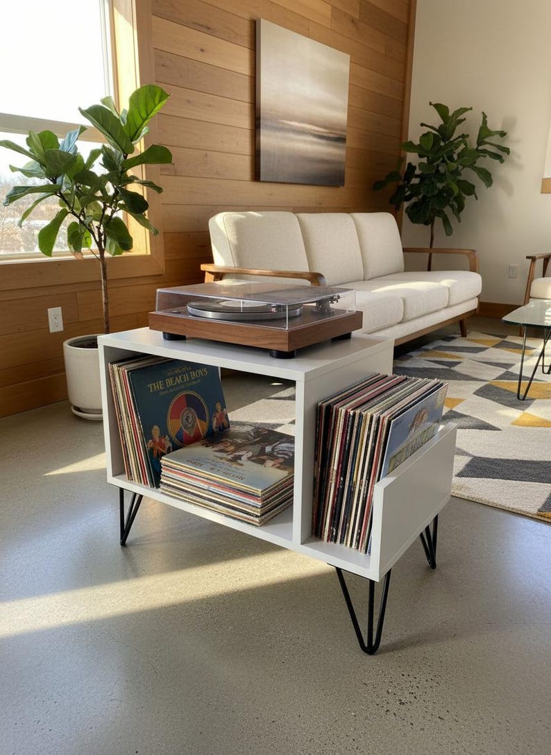 Small-space wooden vinyl stand pairing a turntable surface with compact LP storage in a minimalist form.