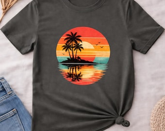 Comfort Colors Beach Sunset Shirt, Coastal Summer Graphic Tee, Tropical Palm Tree T-Shirt, Ocean Vacation Tshirt, Retro Womens Top Gift