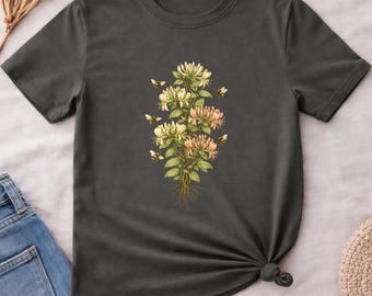 Vintage Honeysuckle Flower Bee 90s Graphic Tshirt, Retro Comfort Colors Garden Plant Shirt, Botanical Cottagecore Nature Lover Floral Tee