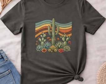 Retro Desert Cactus Shirt, Hand Drawn Saguaro Boho Tee, Southwest Floral Graphic T-Shirt
