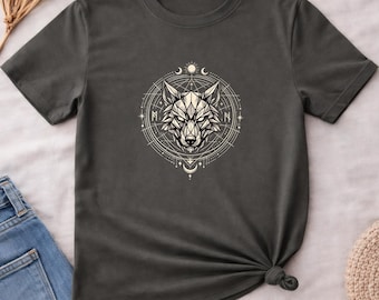 Geometric Wolf T-Shirt, Dark Fantasy Wolf Graphic Tee, Celestial Gothic Wolf Shirt, RPG Gamer Fantasy Tee, Mystical Wolf Symbol Shirt