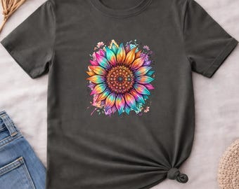 Rainbow Sunflower Mandala Shirt, Tie Dye Flower Tee, Boho Hippie Floral Psychedelic Shirt, Colorful Festival Summer Tee