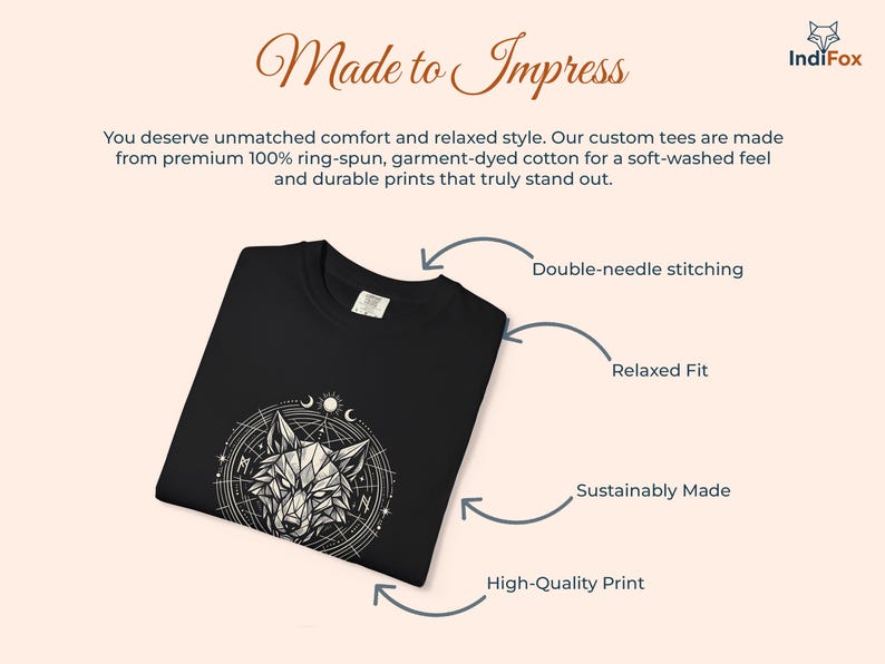 Pu&ograve; includere: T-shirt nero con un disegno geometrico di lupo all'interno di un cerchio con lune e stelle. La maglietta presenta cuciture a doppio ago, una vestibilit&agrave; rilassata ed &egrave; realizzata in modo sostenibile con una stampa di alta qualit&agrave;. Il testo sull'immagine recita "Made to Impress".