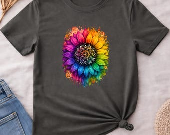 Vibrant Rainbow Sunflower Mandala Shirt, Joyful Boho Floral Tee, Colorful Happiness Aesthetic Shirt, Festival Spirit Positive Energy Gift