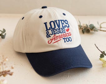 Embroidered Patriotic Loves Jesus and America Washed Hat