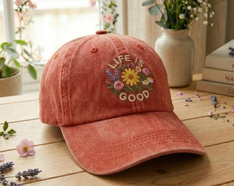 Washed Cotton Cap with Floral Embroidery, Inspirational Women's Hat