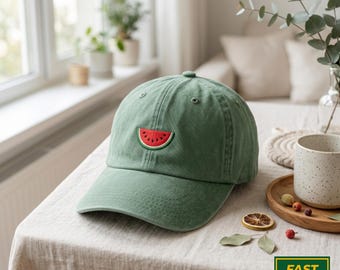 Embroidered Watermelon Washed Cap,  Fruit Summer Hat, Cute Vintage Cotton Hat, Unisex Relaxed Fit Picnic Gift Hat