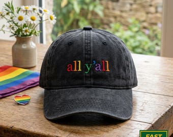 Y’all Rainbow Pride Embroidered Hat, LGBT Ally Baseball Cap, Rainbow Dad Hat, Pride Month Gift, Vintage Washed Cap