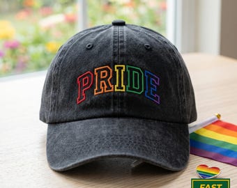 Pride Rainbow Embroidered Washed Hat, LGBTQ Support, Colorful Stitched Letter Headwear, Pride Month Gift for Her Him, Aesthetic Queer Cap